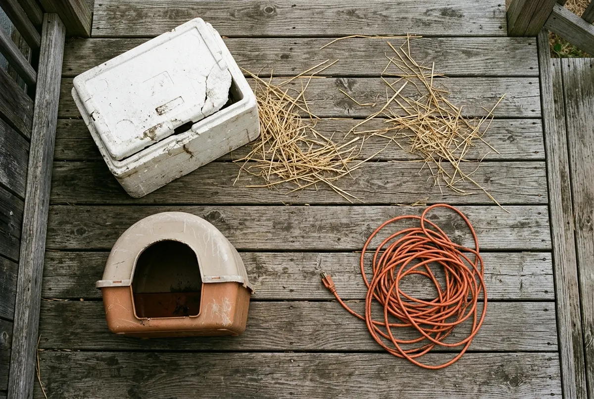 Top-down flat lay on weathered wood decking: a cracked foam cooler, scattered straw, a small igloo-style pet shelter, an o...