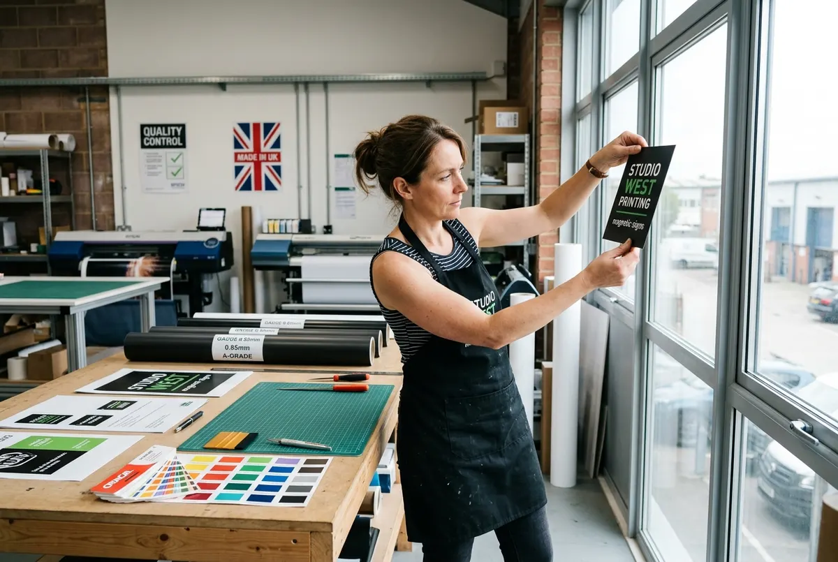 A bright modern UK print workshop with large windows casting natural daylight across workbenches, a woman in her mid-40s i...