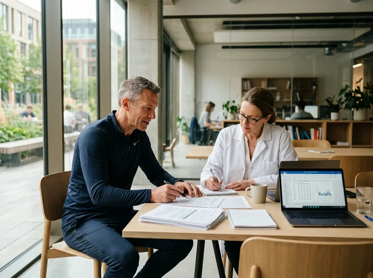 A fit man in his late 40s in athletic wear sitting at a minimalist desk reviewing notes with a scientist in a lab coat, wa...