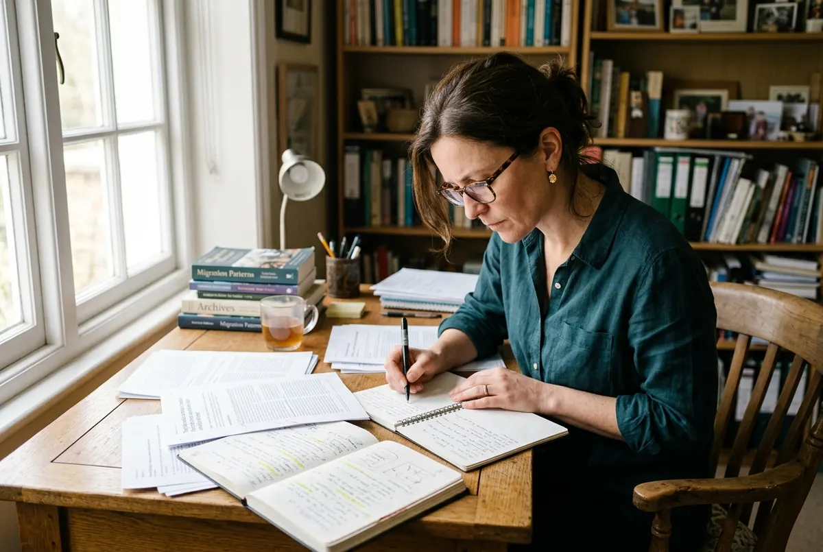 A woman in her early forties seated at a clean wooden desk covered with research papers and open notebooks, leaning forwar...