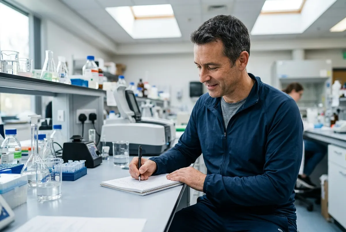 A mid-40s man in athletic wear reviewing notes at a clean lab bench with scientific equipment visible in soft background b...
