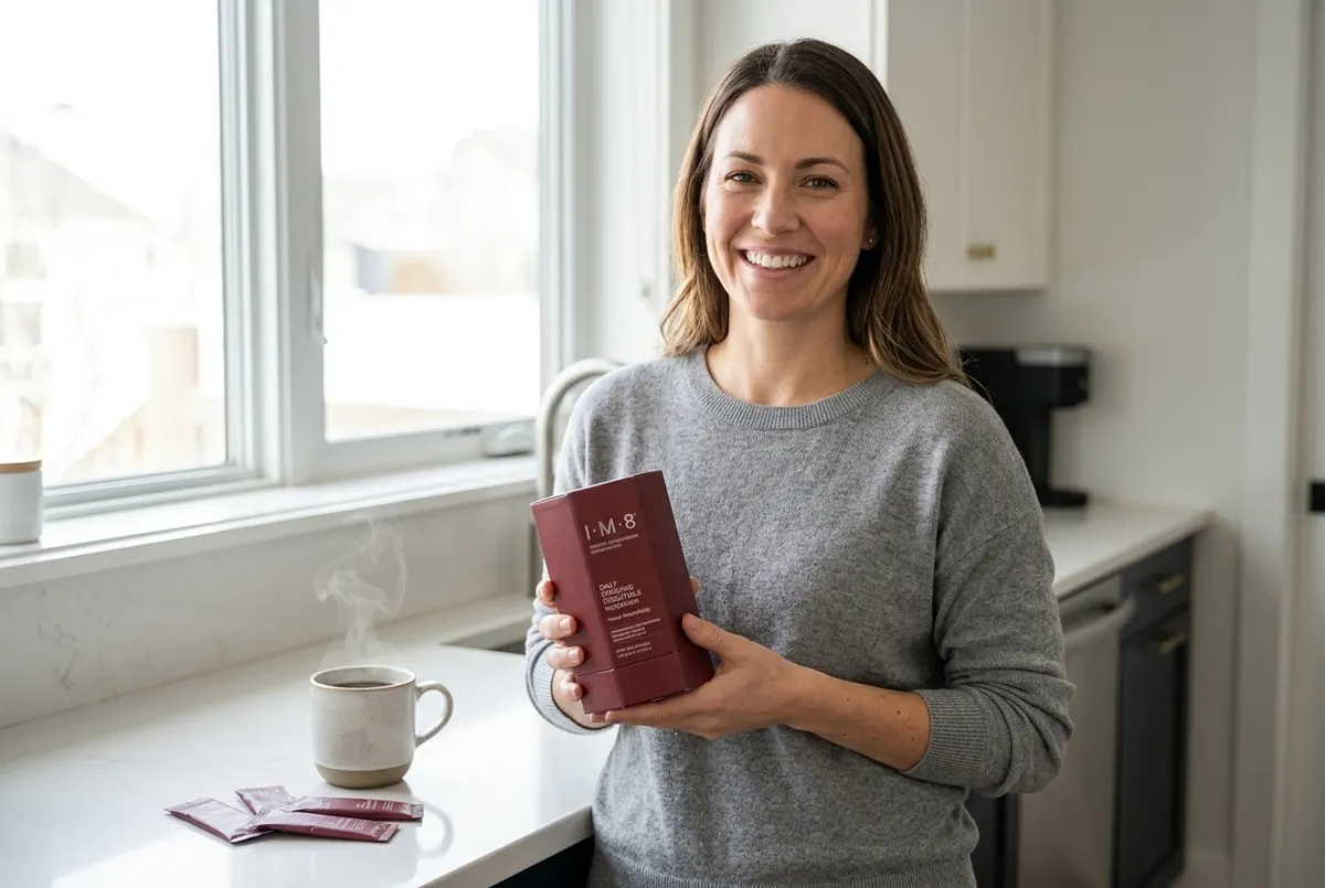 A confident woman in her late 30s in bright kitchen daylight holding a simple canister and smiling with genuine relief, cl...