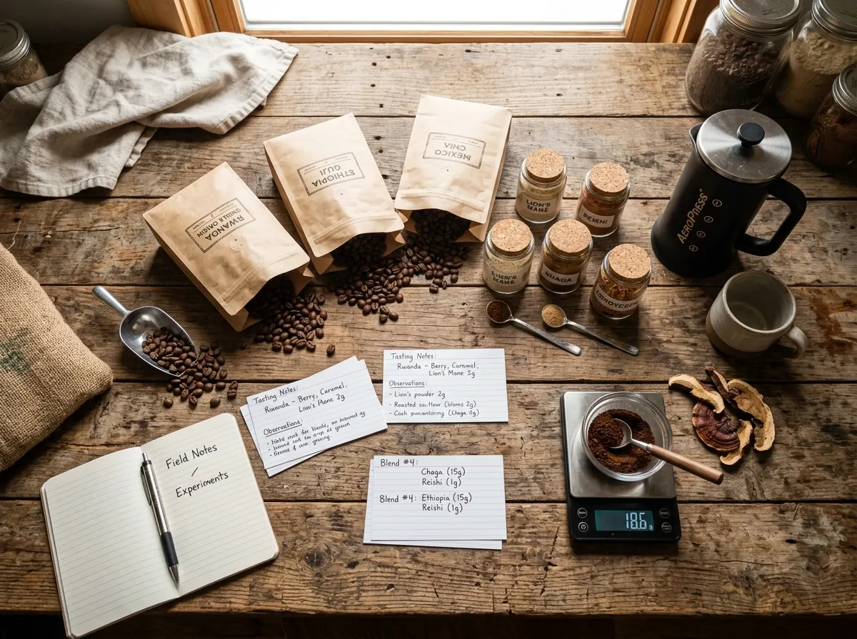 A rustic wooden table scattered with open bags of coffee beans, small glass jars of mushroom powder samples, handwritten n...