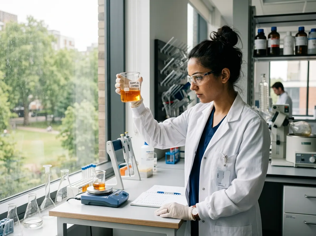 A scientist in a clean white lab coat examining a beaker of amber liquid against natural light, modern minimalist lab benc...