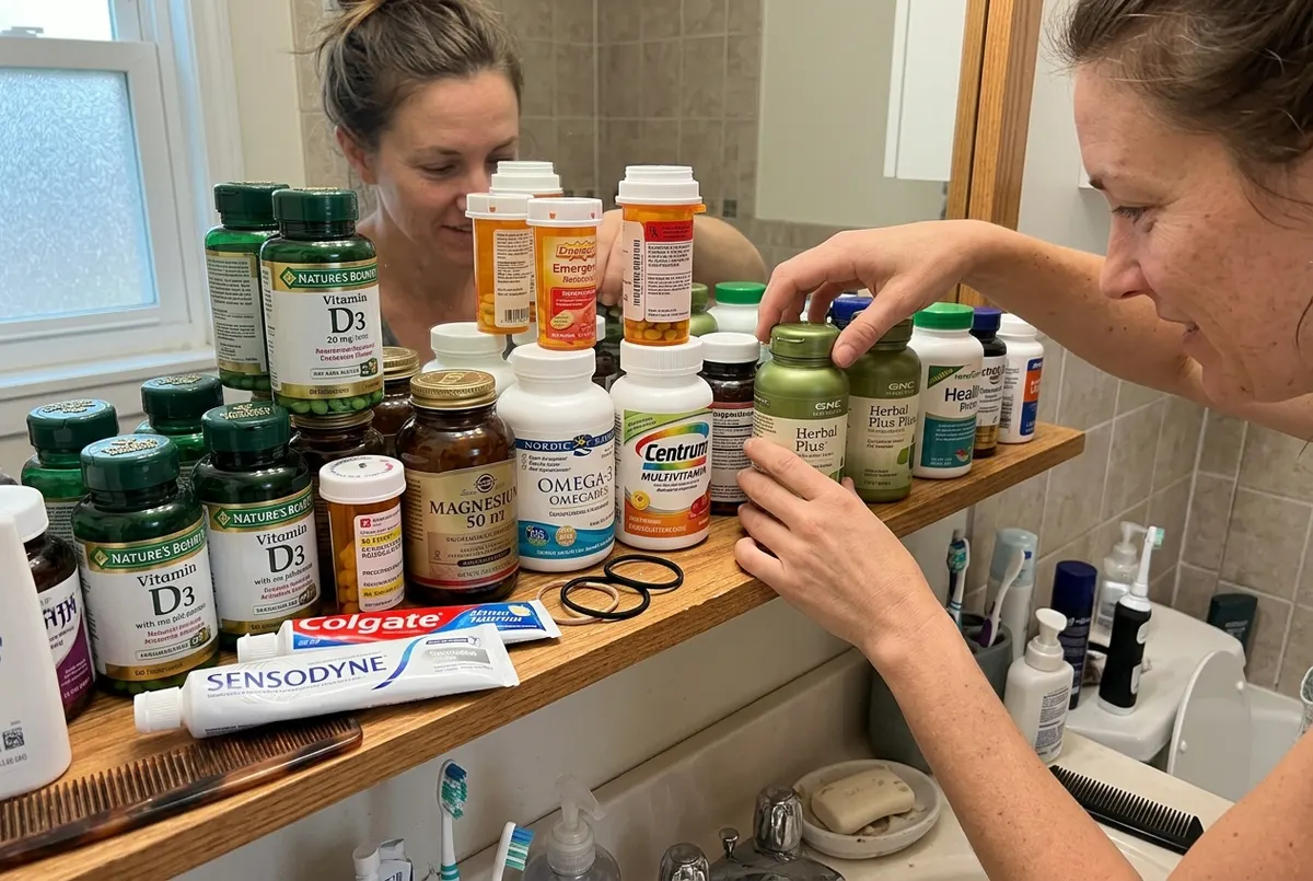 A cluttered bathroom shelf with multiple supplement bottles of varying heights, some half-empty, shot from slightly above ...