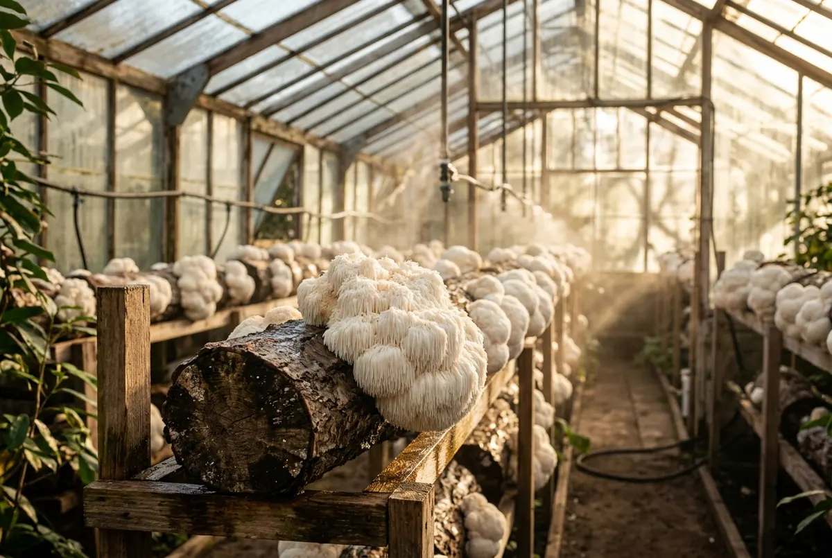 A clean greenhouse interior with rows of cultivated lion's mane mushroom fruiting bodies growing on hardwood logs, morning...