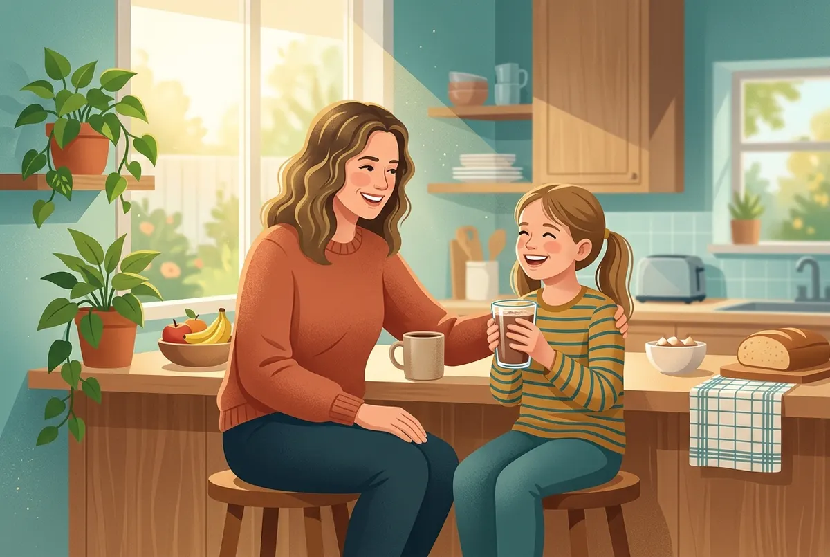 A warm resolved scene of a mother in her late 30s and her daughter around 8 sitting together at a sunny kitchen counter, b...