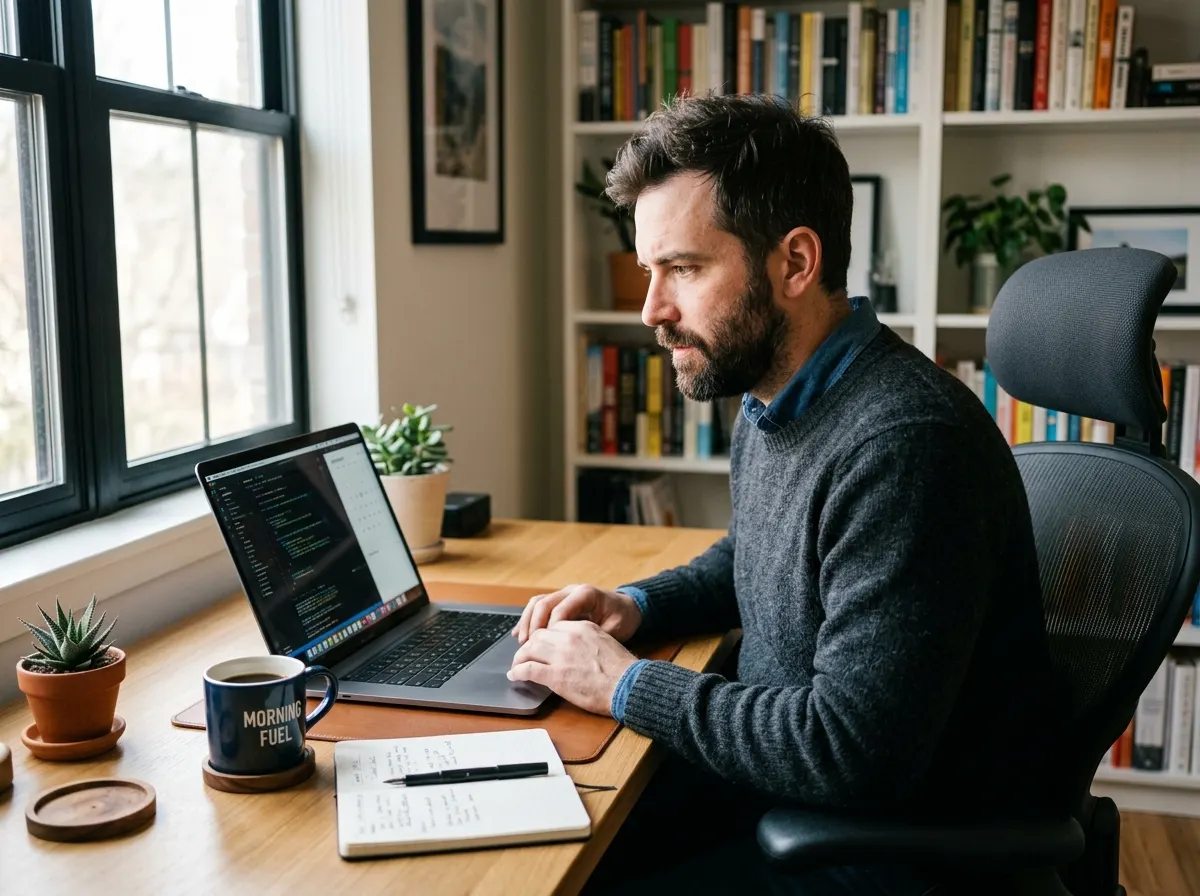 A man in his mid-30s at a clean home office desk in morning light, laptop open, coffee mug beside him, natural window ligh...