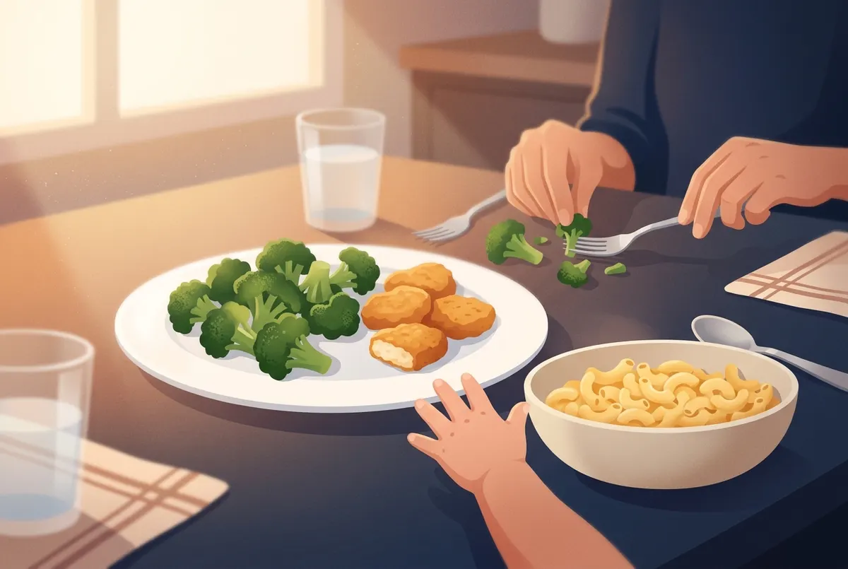A kitchen table at dinner time, natural window light from the left, a white plate in soft focus containing untouched brocc...
