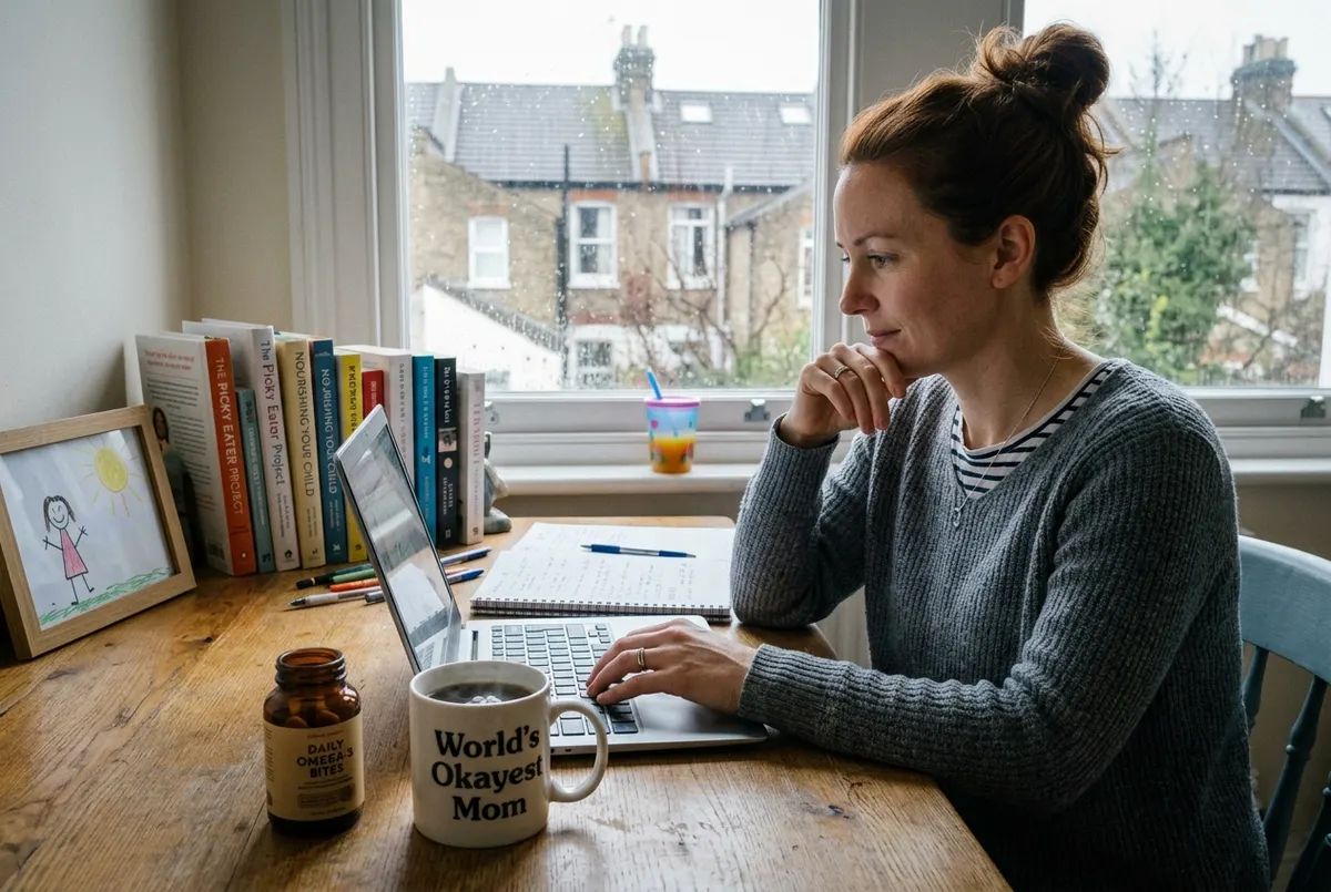 Real candid moment — someone at a desk in the morning, coffee or supplement nearby, natural light, focused and calm. Shot ...