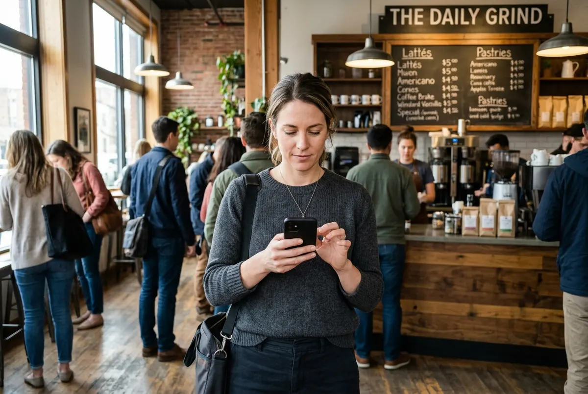Woman in casual work clothes standing in coffee shop line, phone held at chest height in both hands, thumbs tapping screen...