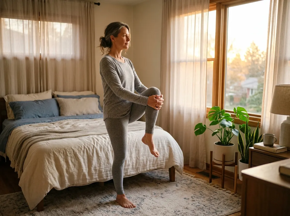 A woman in her late 40s standing in her bedroom at sunrise, gently stretching her knee with both hands, morning light stre...