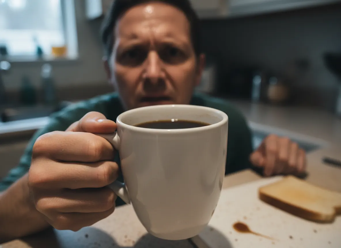 Close-up of a person's hand trembling slightly while holding a regular coffee mug, stress visible in facial expression, ha...