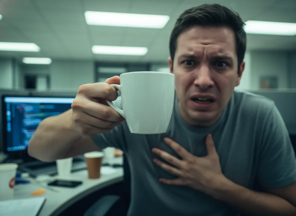 A person's trembling hand holding a regular coffee cup, visible jitters and tension in the face, harsh overhead fluorescen...