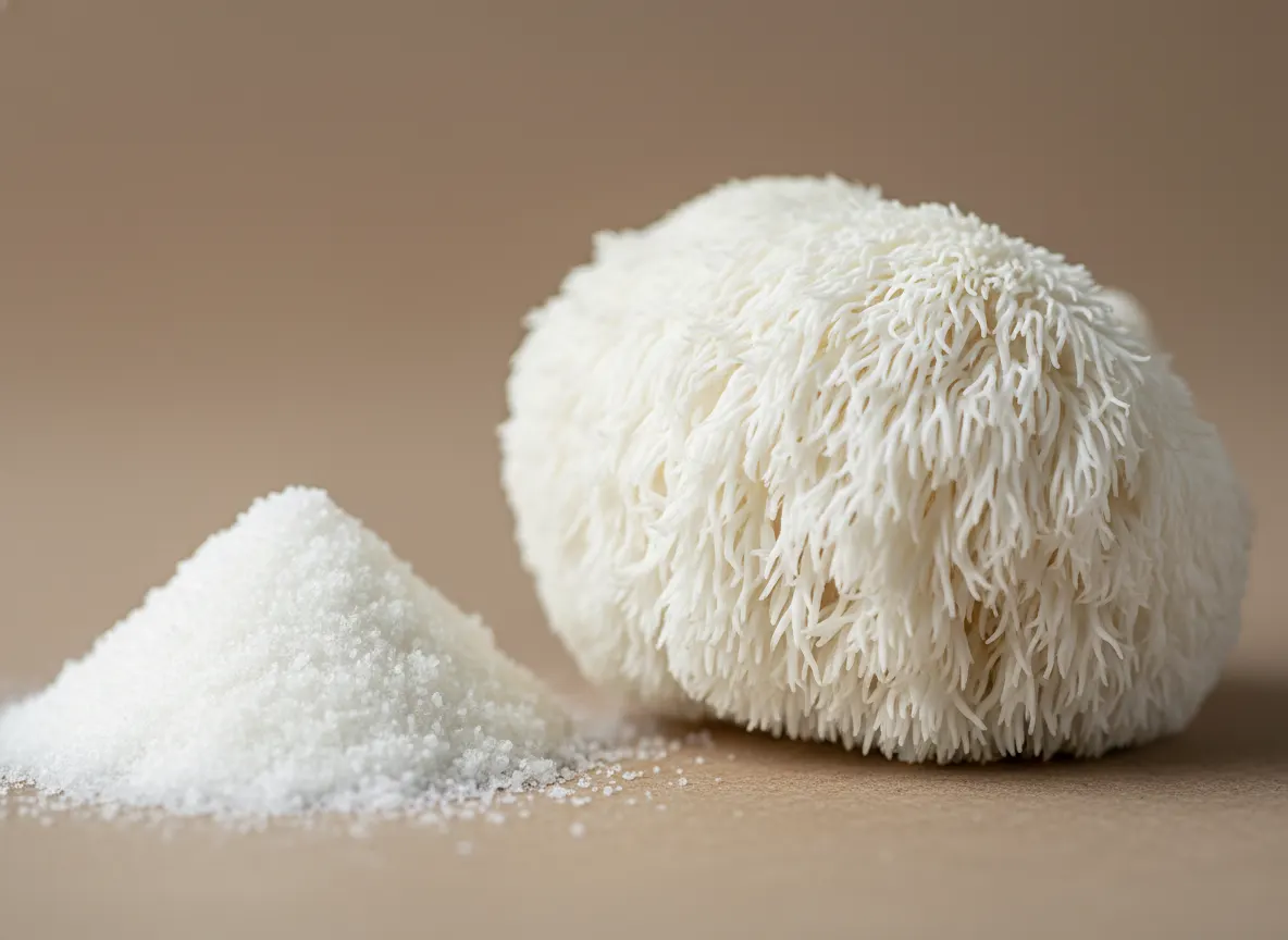 Close-up macro of mycelium powder (fine white grain-like texture) contrasted beside whole lion's mane fruiting body mushro...