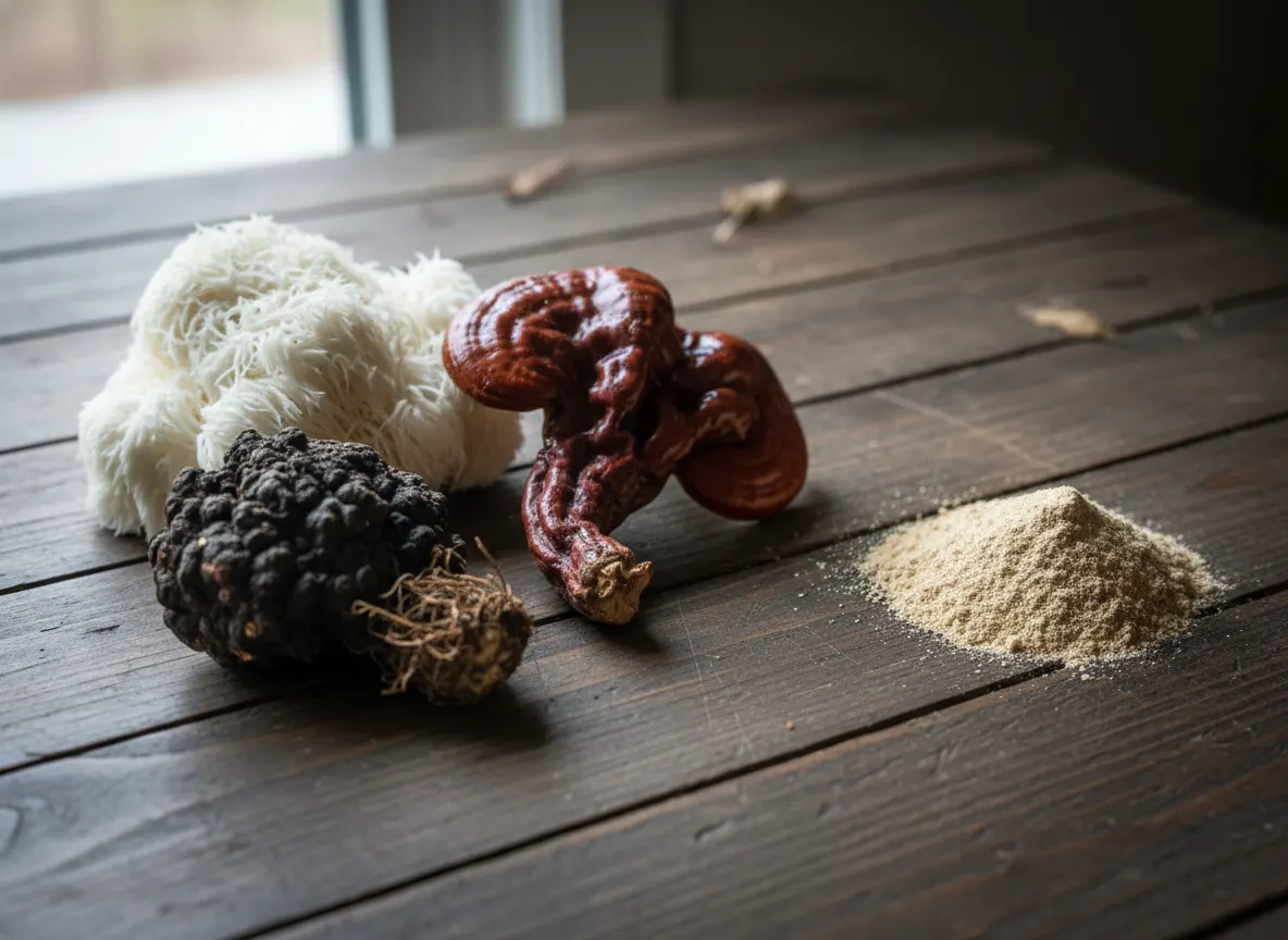 Close-up macro shot of whole mushroom fruiting bodies—lion's mane, reishi, chaga caps and stems—arranged on a wooden surfa...