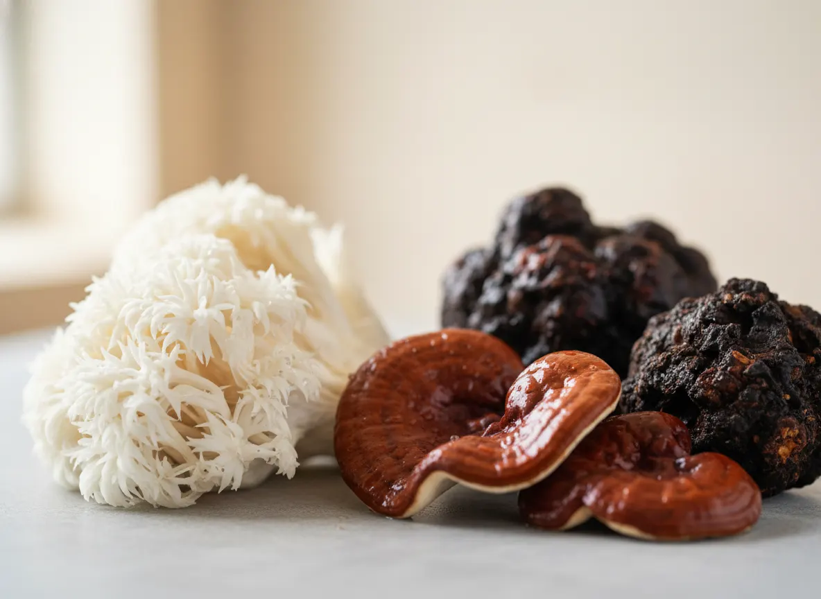 Close-up macro shot of mushroom fruiting bodies (lion's mane, reishi, chaga) freshly harvested, translucent and organic-lo...
