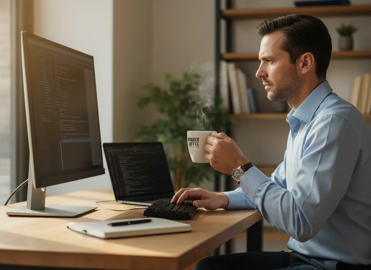 A calm professional at their desk mid-morning, holding a steaming mug of Wonder Coffee, focused expression, steady hands t...