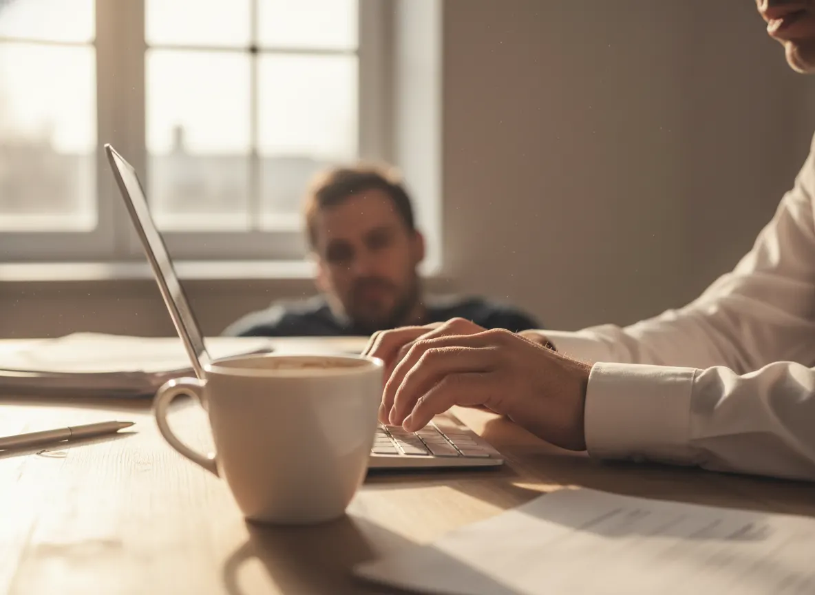 Close-up of a 40-year-old professional's hands trembling slightly while typing at desk, empty coffee cup nearby, afternoon...