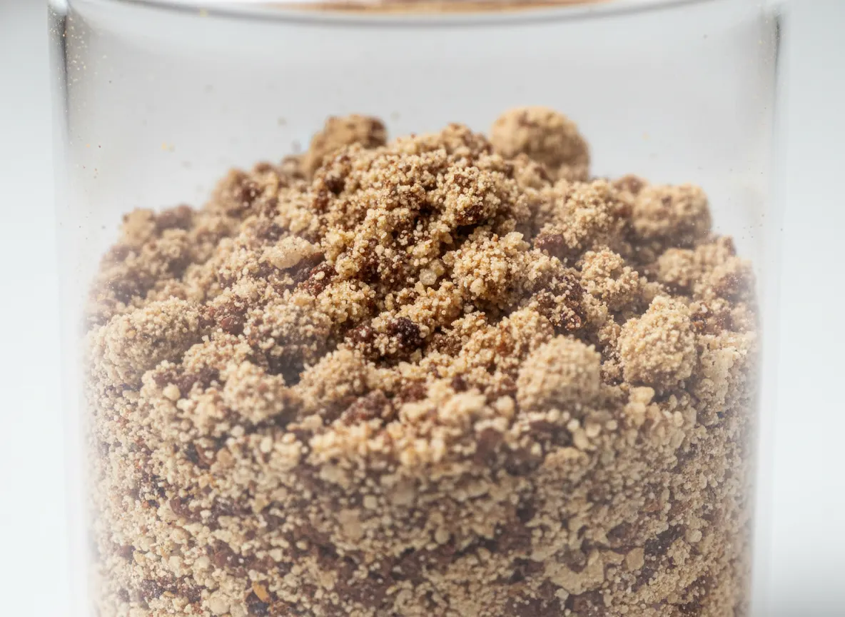 Macro shot of mushroom powder in a glass beaker showing grain filler mixed with extract, scientific laboratory lighting, n...