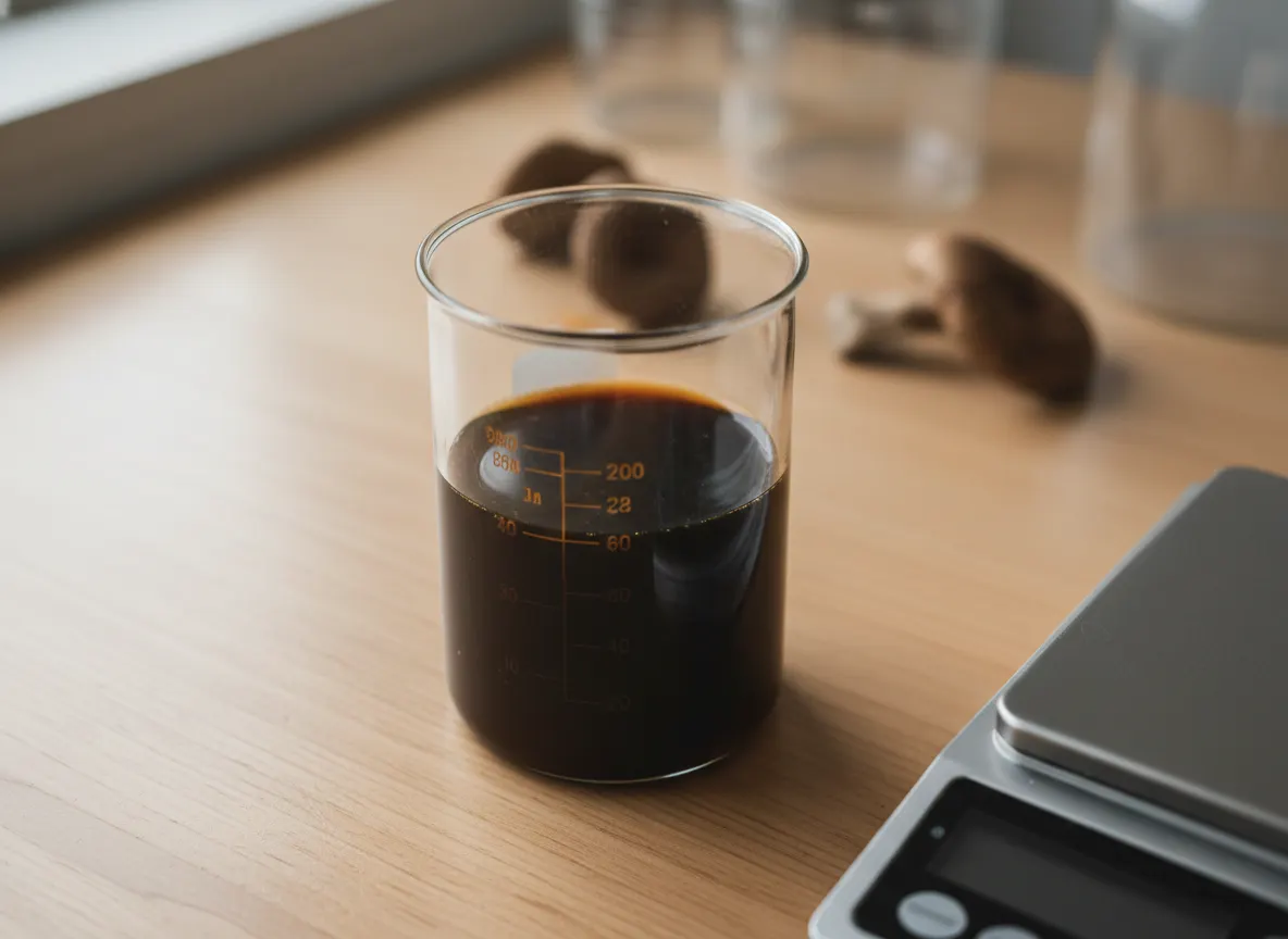 Overhead shot of concentrated mushroom extract in a measuring beaker or vial, rich dark amber liquid, soft natural window ...