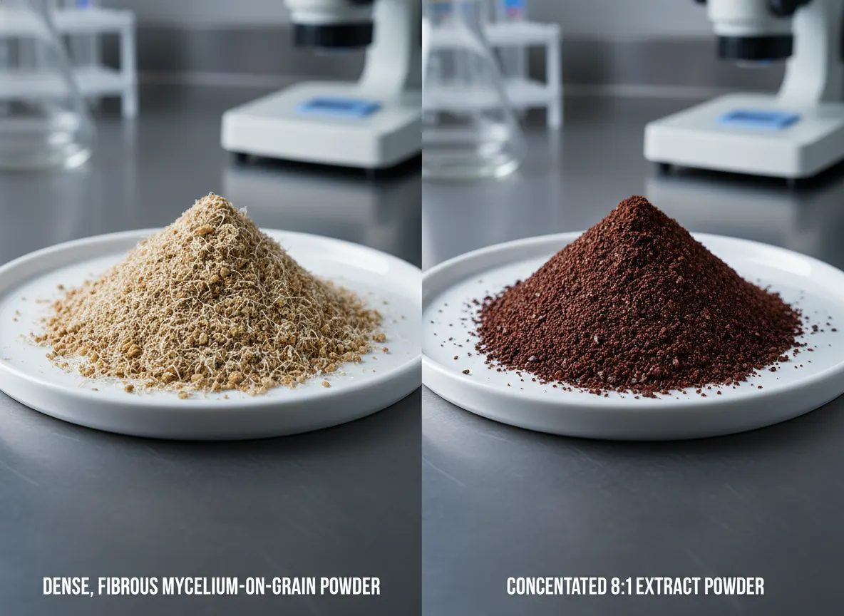 Split-screen comparison: left side shows dense, fibrous mycelium-on-grain powder texture, right side shows concentrated 8:...