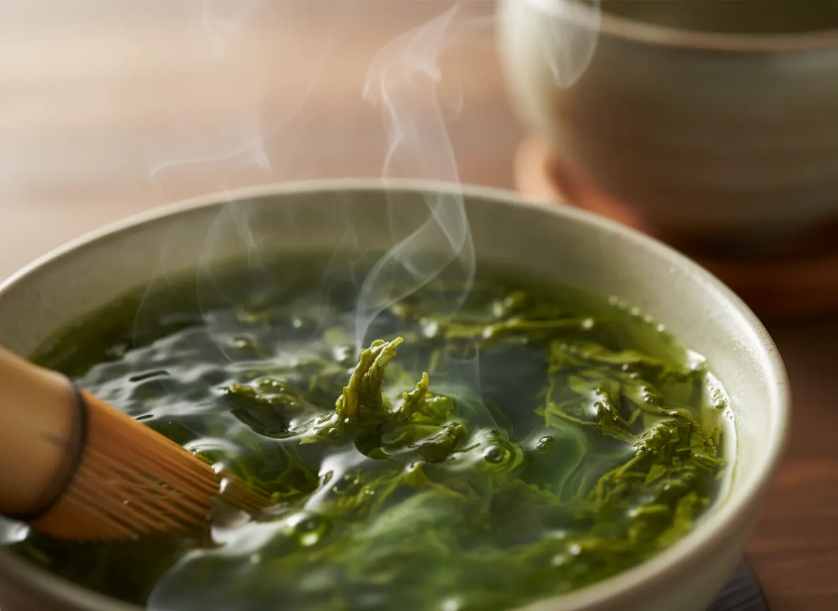 Close-up of steaming matcha or green tea leaves unfurling in hot water, soft warm lighting, serene and calm mood, macro ph...
