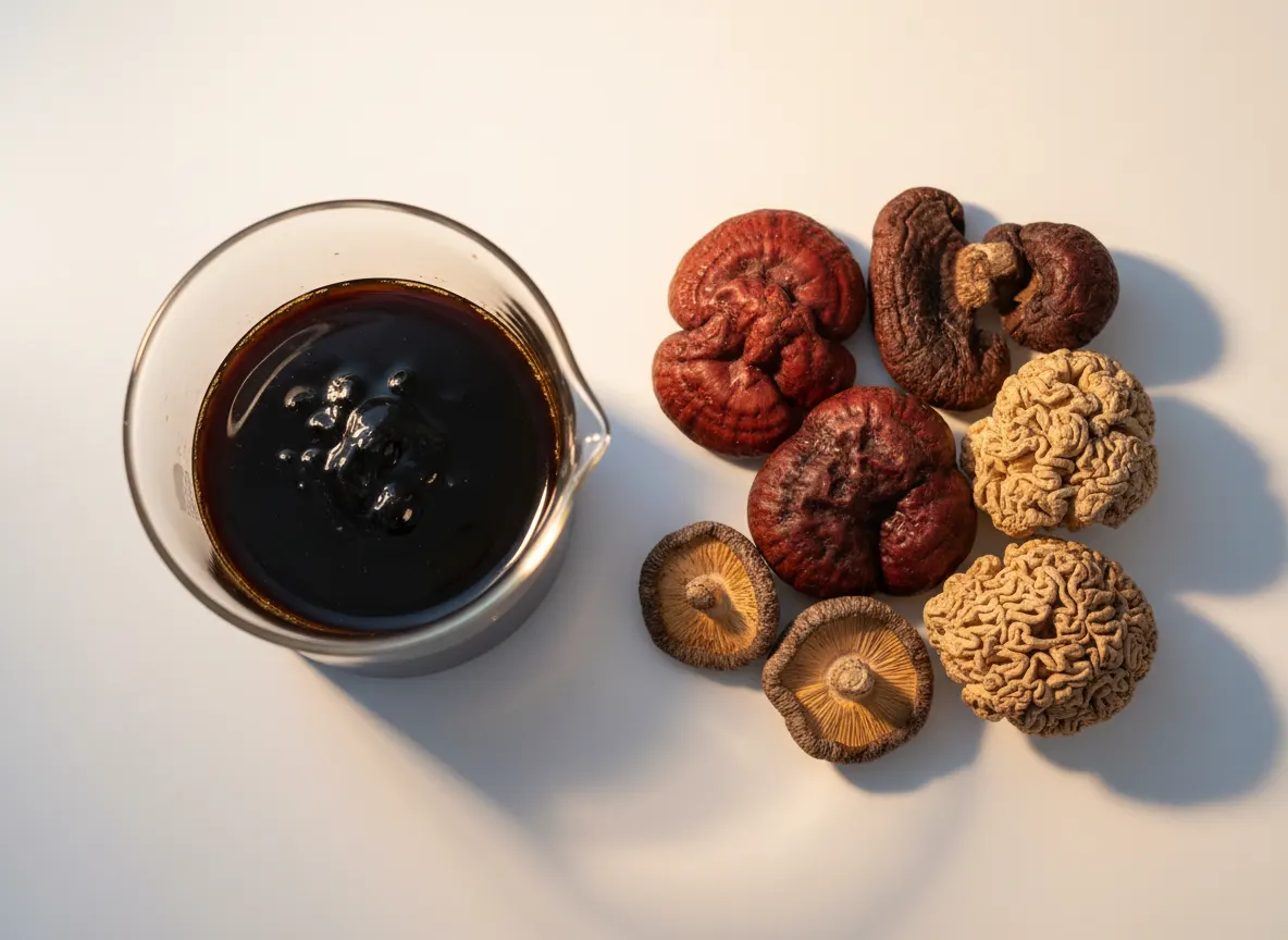 Laboratory-style flat lay of concentrated mushroom extract in a glass beaker next to whole dried mushroom fruiting bodies,...