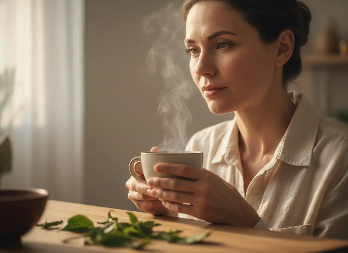 Serene 35-year-old wellness-conscious person holding steaming cup of coffee, calm focused expression, soft warm light, gre...