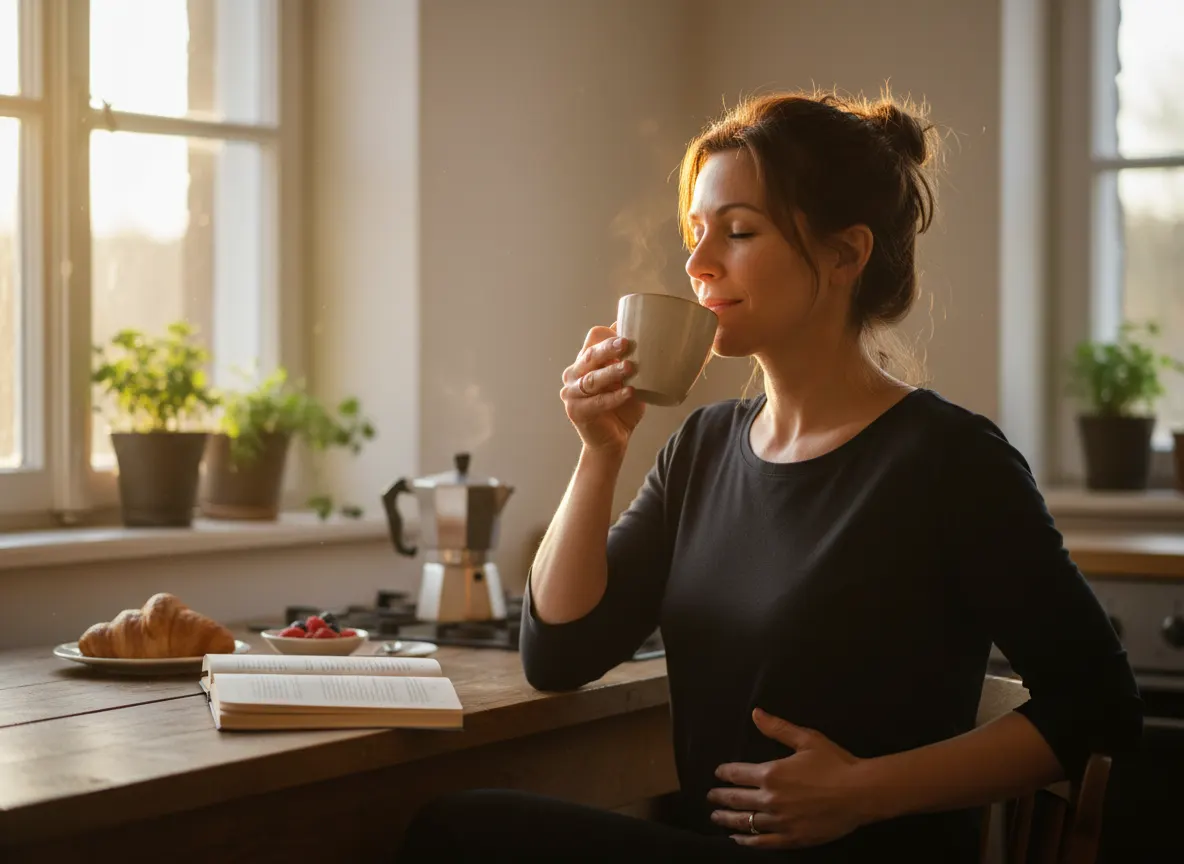 A relieved professional enjoying their morning coffee at a bright kitchen table, relaxed posture, serene expression, hand ...