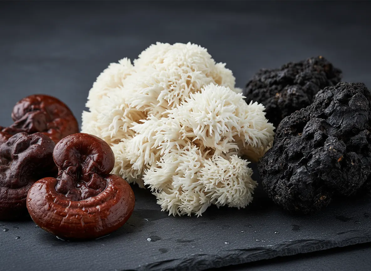 Close-up macro shot of fresh mushroom fruiting bodies — lion's mane white and flowing, reishi dark and woody, chaga black ...