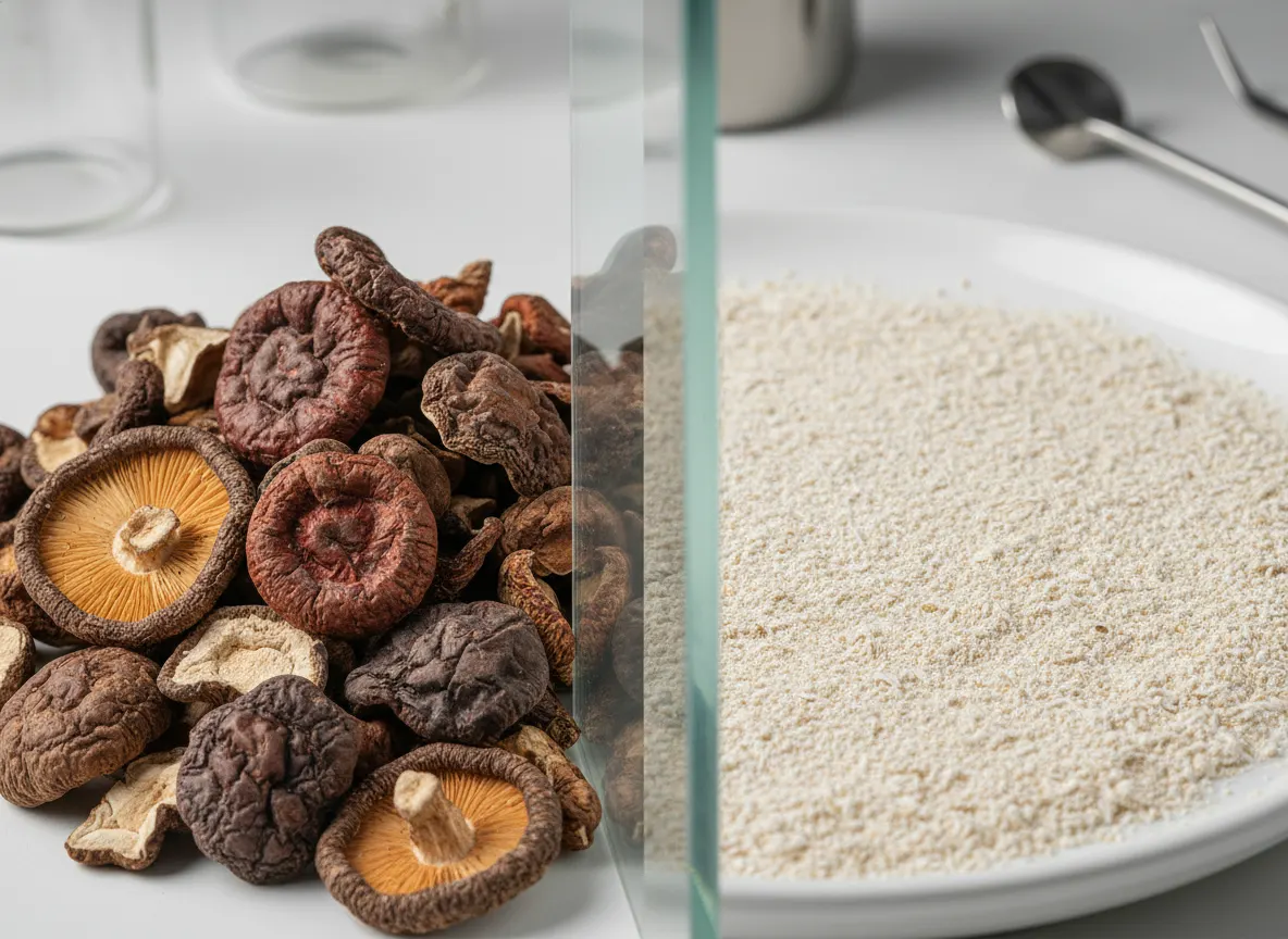 Split-screen or layered visual: dried mushroom fruiting bodies (dense, concentrated) on one side and mycelium grain powder...