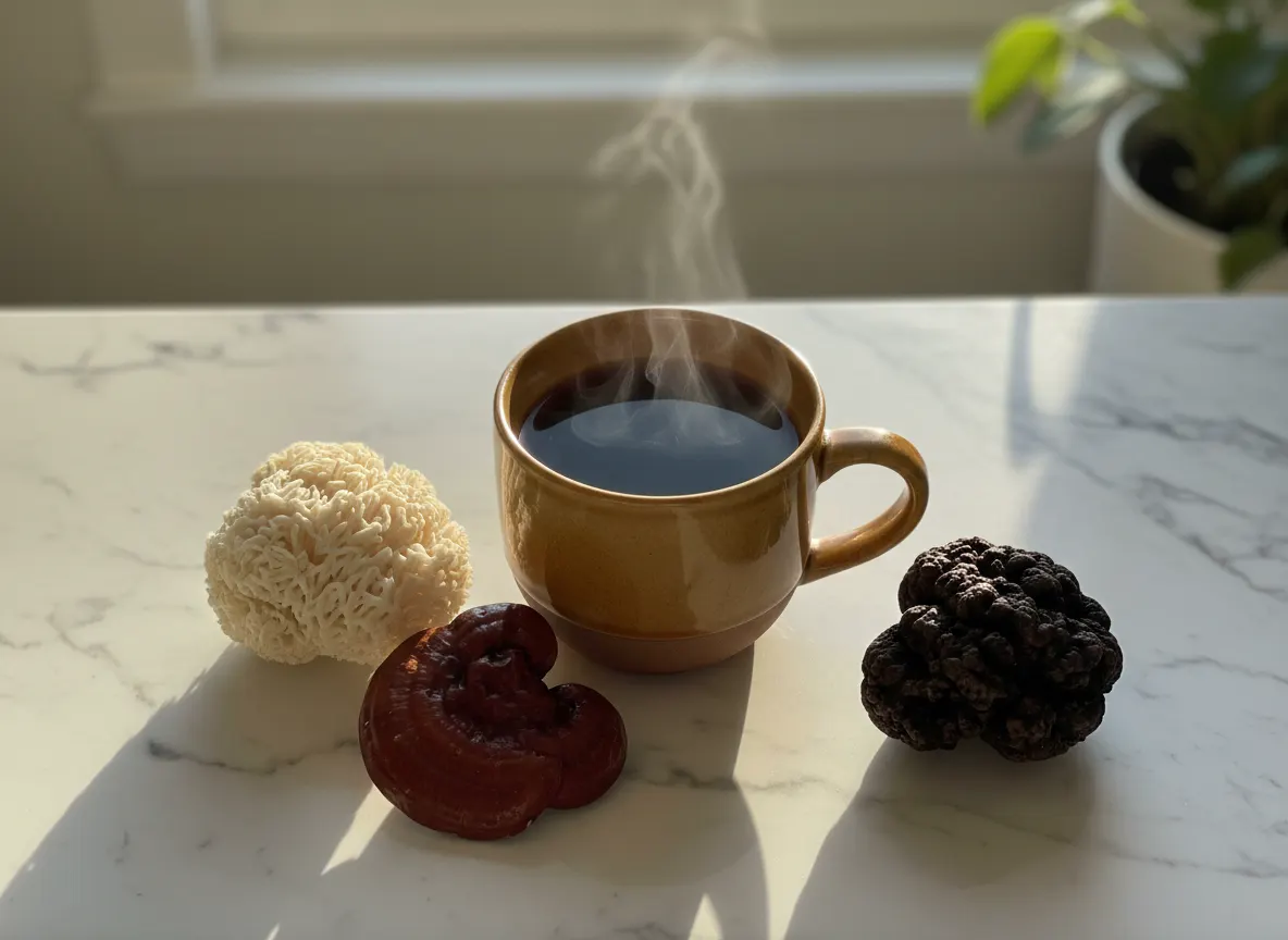 Overhead shot of a steaming mug of dark coffee surrounded by three whole mushrooms (lion's mane, reishi, chaga) on a marbl...