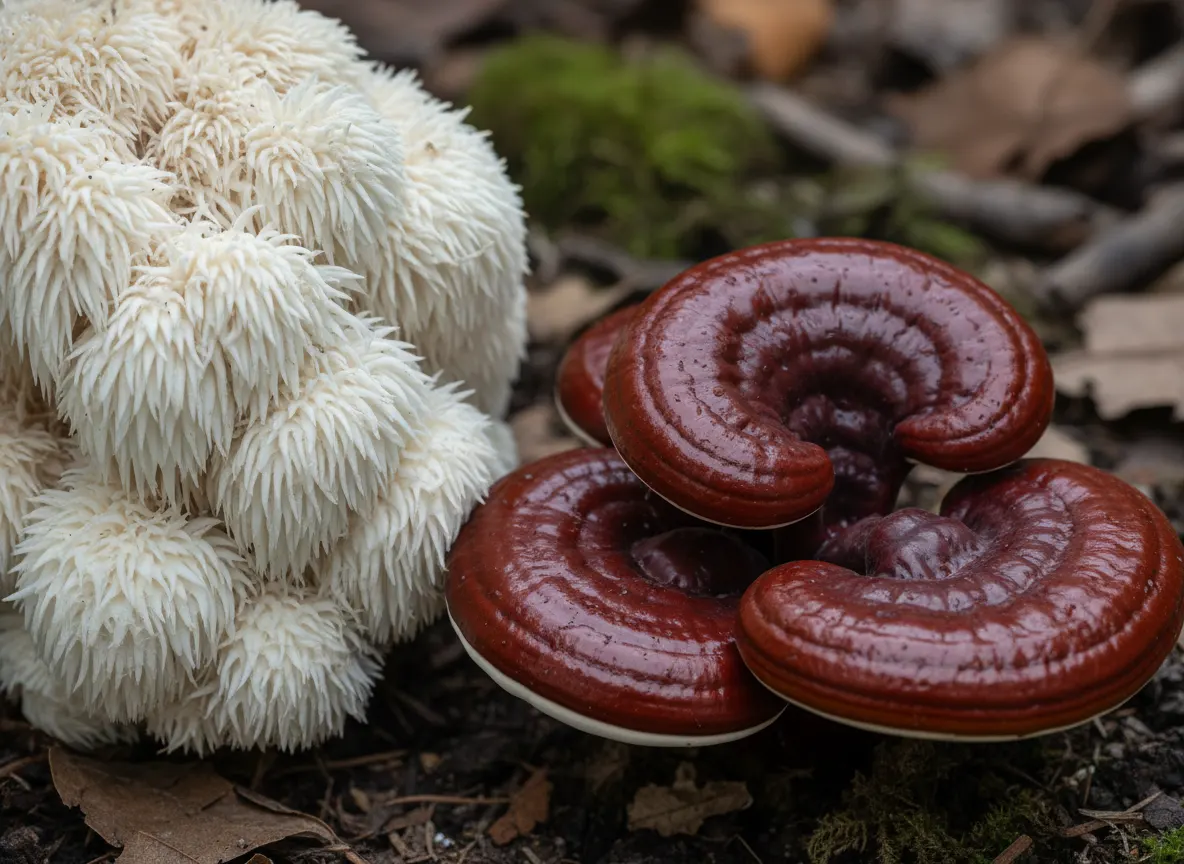 Macro close-up of whole mushroom fruiting bodies (lion's mane, reishi) in natural earthy tones, rich detail, emphasizing t...
