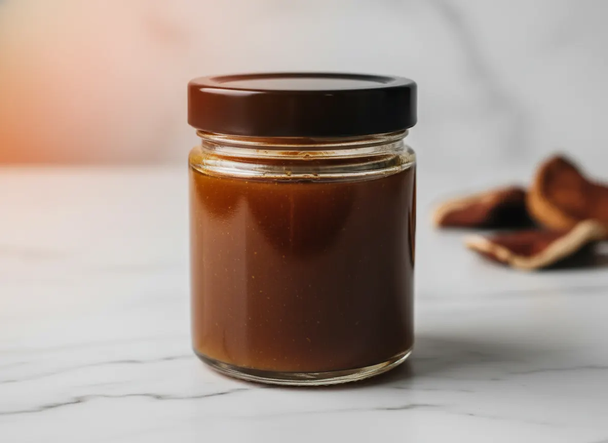 High- concentrated mushroom fruiting body extract in a clear glass container with rich brown color, warm highlighting puri...
