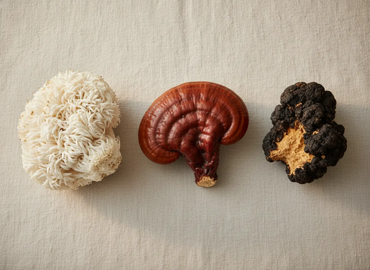 Flat-lay arrangement of three mushroom varieties (lion's mane, reishi, chaga) as whole fruiting bodies on white or neutral...