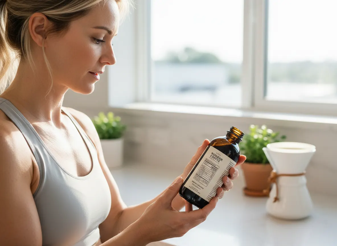 A professional health enthusiast examining a bottle of Wonder Coffee Starter Pack in bright, clean morning light, reading ...