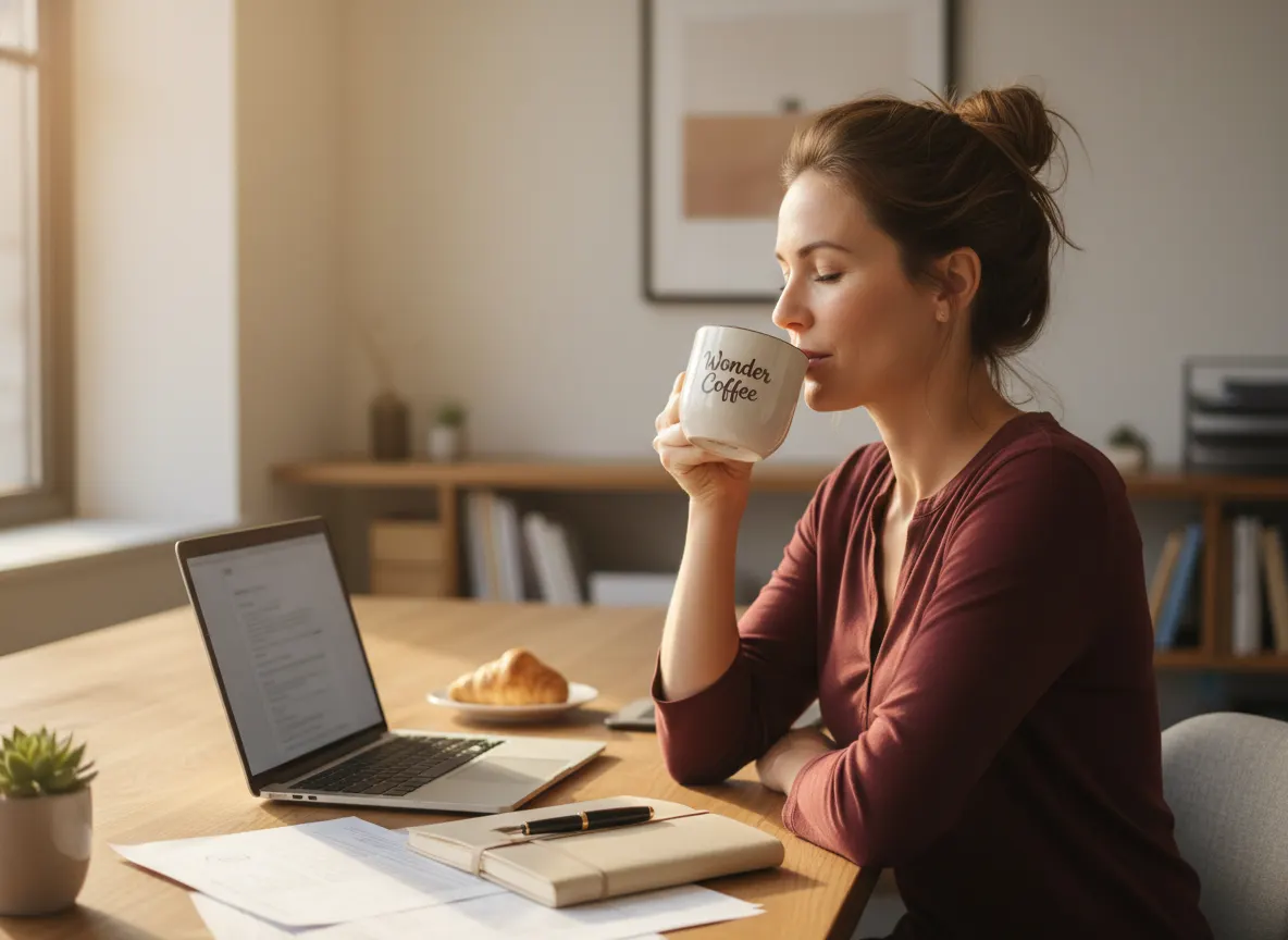 A calm, focused professional (30–50 years old) sipping Wonder Coffee at desk mid-morning, relaxed expression, laptop and n...