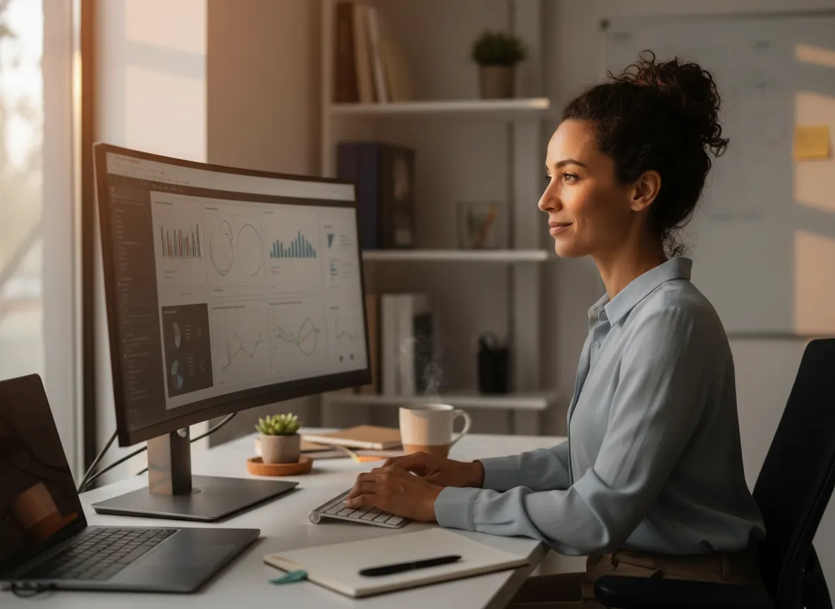 A 38-year-old professional at 3pm, alert and focused at desk, smiling subtly, energized posture, afternoon golden light, p...