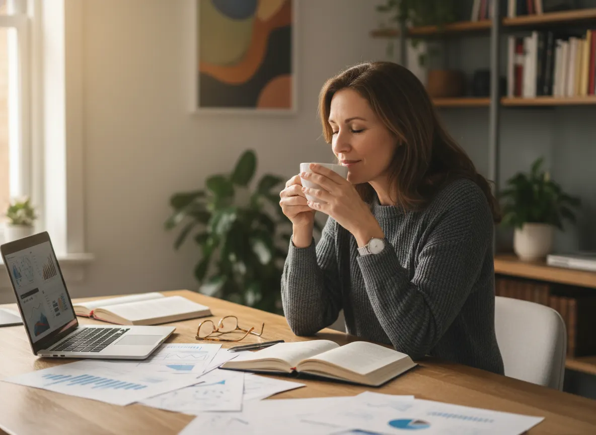 A calm, focused professional aged 35-50 at a desk in soft natural light, mid-sip of coffee, serene expression and relaxed ...
