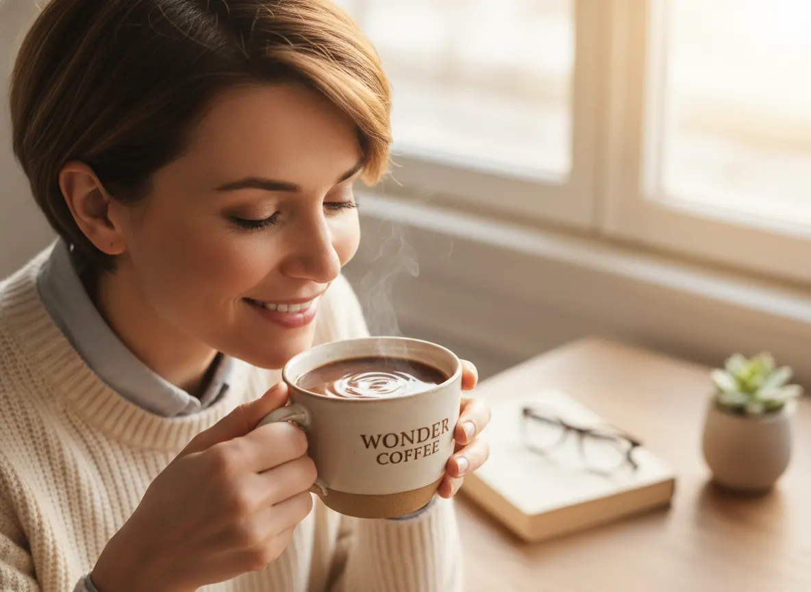 A satisfied professional savoring Wonder Coffee from a ceramic mug, eyes closed in pleasure, rich chocolate-brown liquid v...
