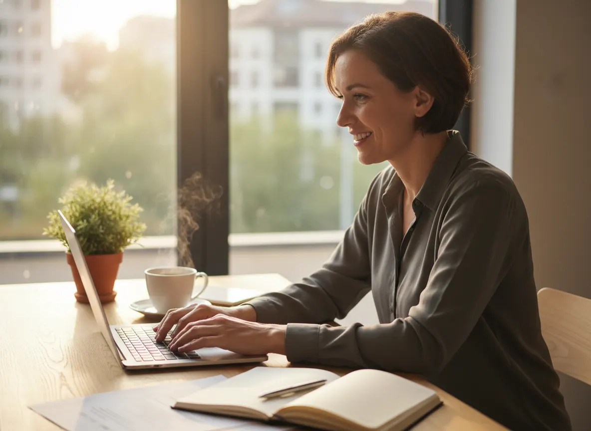 A relaxed adult at a desk in afternoon light, smiling genuinely while working, fresh coffee cup beside them, alert posture...