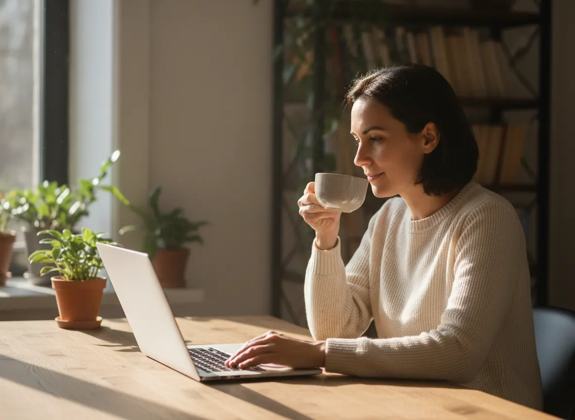 A focused professional at their laptop, mid-afternoon with sunlight streaming in, holding a mug, visibly alert and calm wi...