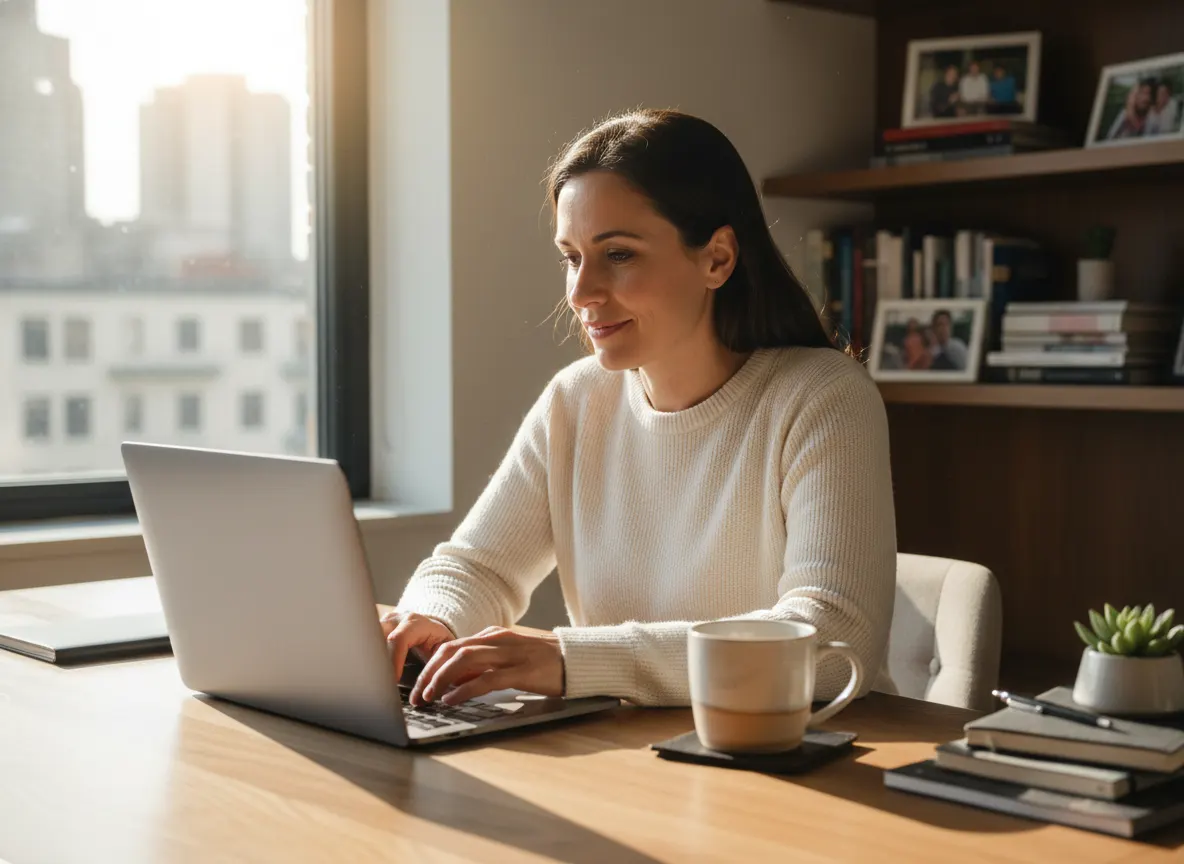 A satisfied professional at their desk mid-morning, focused expression, one coffee cup on desk (not multiple), bright natu...