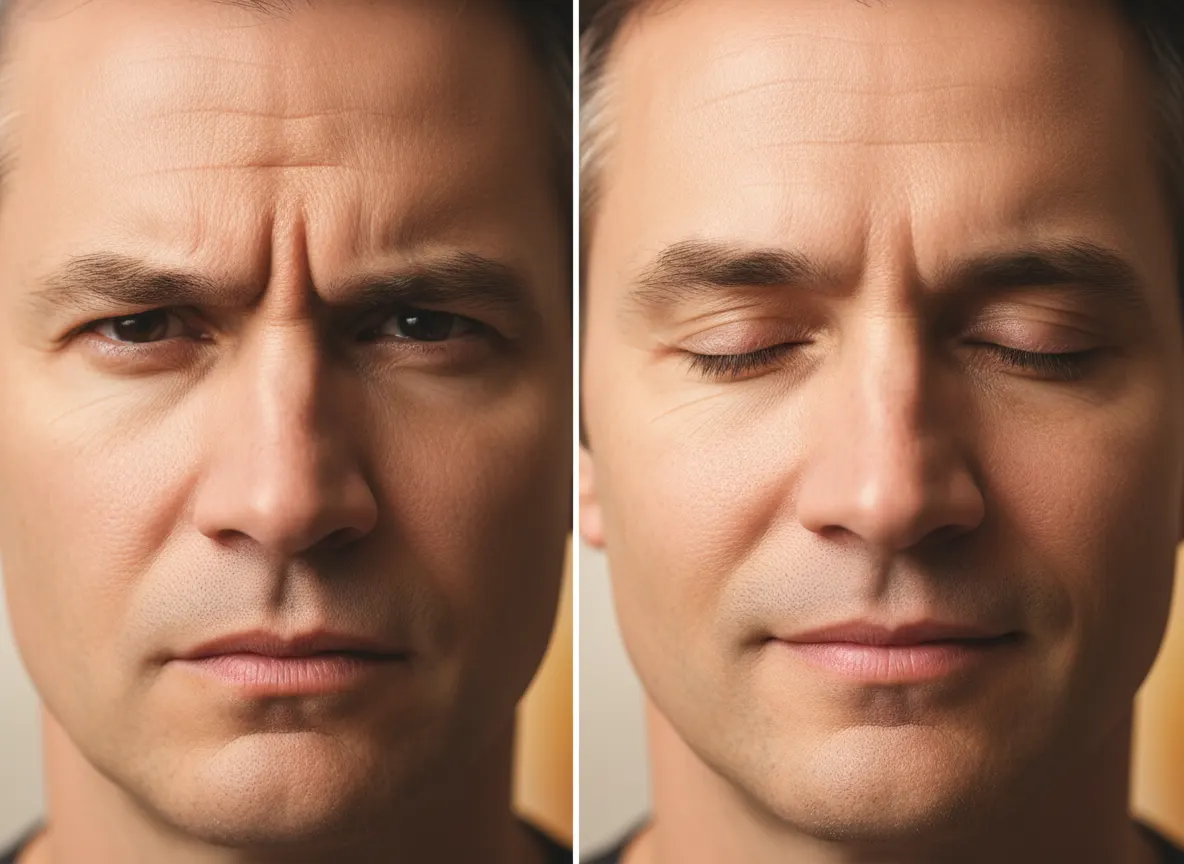 Split-screen visual concept: left side showing tense face with furrowed brow, right side showing calm serene expression, s...