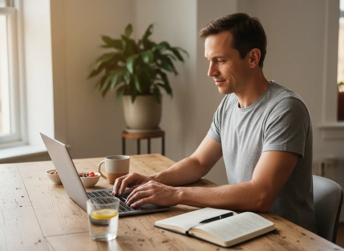 Health-conscious person (30–55 years old) working intently at desk or creative workspace, sharp mental clarity evident in ...