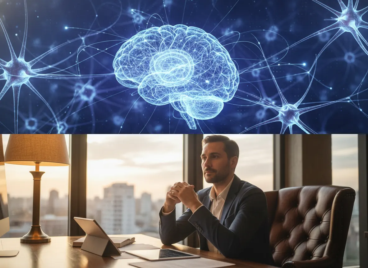 Split-screen mood: top half shows brain science visualization subtle in background, bottom shows calm confident knowledge ...