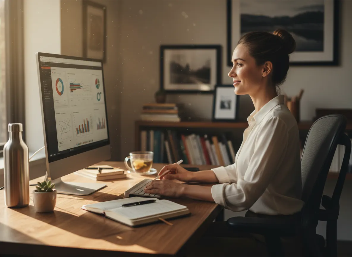 A focused professional at 3pm at their desk, alert and calm without jitters, steady posture, clear-eyed expression, organi...