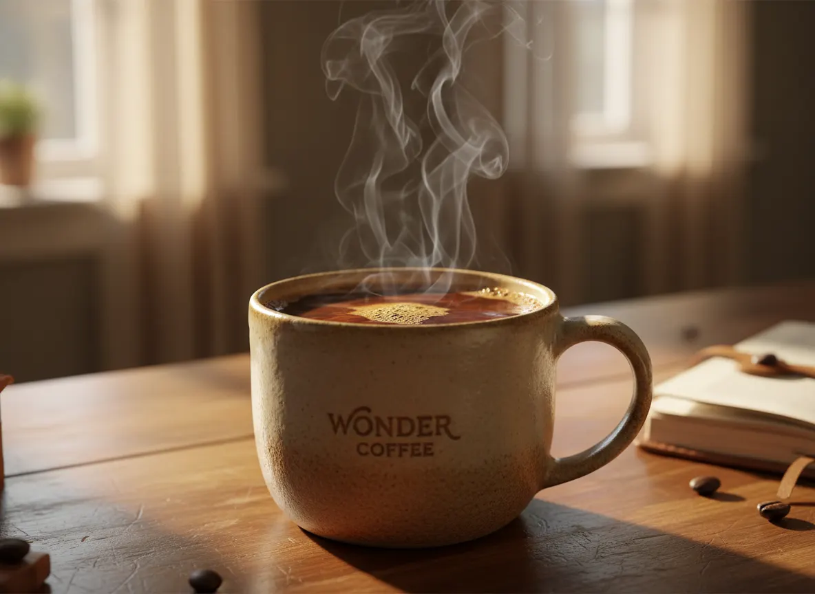 A steaming mug of Wonder Coffee with rich, deep brown color and subtle earthy-chocolatey tone, morning kitchen counter set...
