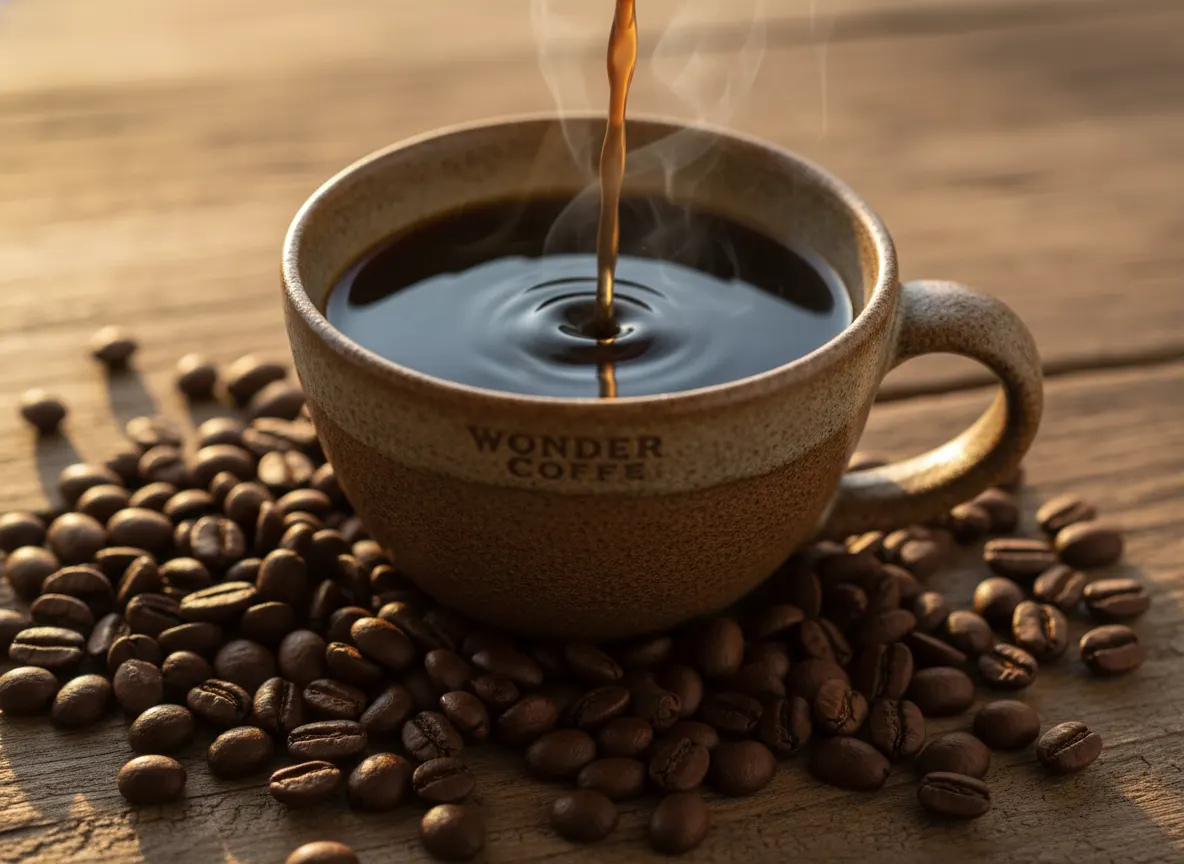 Richly textured close-up of poured Wonder Coffee in a ceramic mug showing deep brown color and smooth surface, warm steam ...